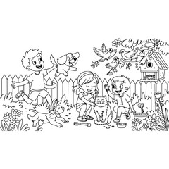 Children Playing with Animals Black and White Outline