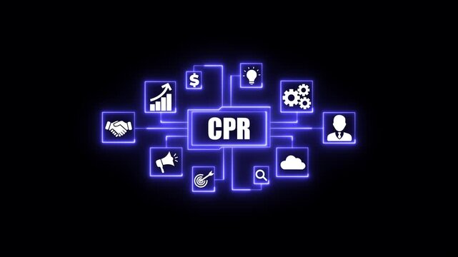 Business strategy network C P R concept with icons for growth finance idea partnership security. Business, Technology, Internet and network concept.