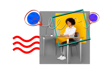 Composite photo collage of happy american girl sit chair type laptop light bulb idea sit workplace office isolated on painted background