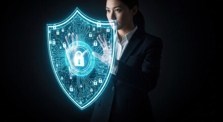 A businesswoman interacts with a glowing holographic shield, symbolizing cybersecurity, data protection, and online safety in a futuristic concept.