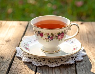 A teacup sits on a saucer atop a rustic wooden table, a lace doily beneath it. The teacup features delicate floral patterns