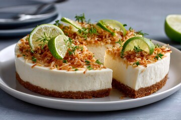 Key lime cheesecake with toasted coconut and fresh thyme