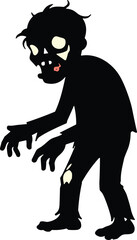 Cartoon zombie silhouette, creepy horror illustration, scary undead figure, glowing eyes, tattered clothes, Halloween design, spooky monster art, eerie fantasy character