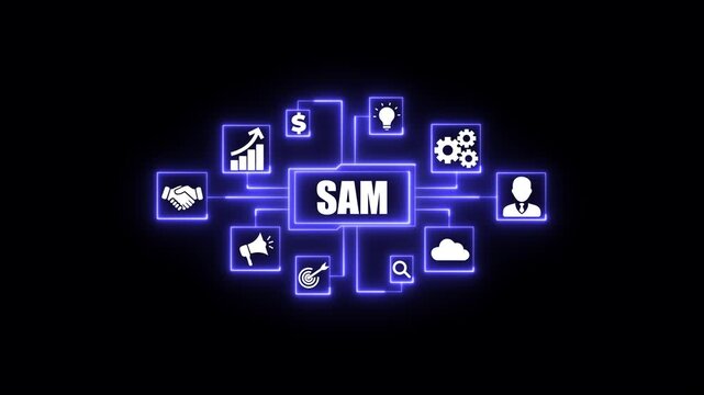 Digital business network diagram with SAM text and glowing icons for growth target. Business, Technology, Internet and network concept.