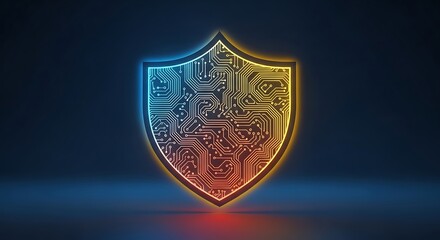Digital shield with glowing circuit board pattern symbolizes cyber security and data protection.