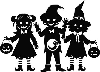 Children in Halloween costumes with pumpkin 