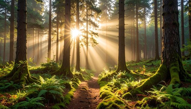 A sunlit forest scene. Beams of light stream through trees, illuminating a path and the verdant undergrowth, creating a tranquil atmosphere