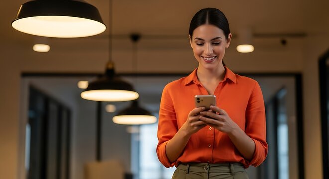 Smiling young professional woman confidently engaging with her smartphone in a modern office, symbolizing seamless digital communication and business connectivity