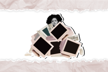 Composite photo collage of dissatisfied american girl sit pc pile screen keyboard mouse hostage technology isolated on painted background