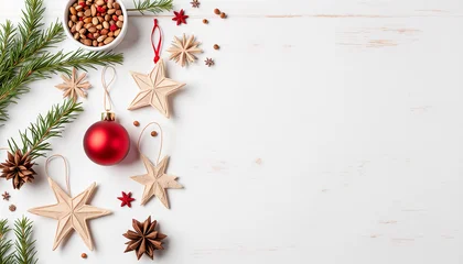 Stickers Meisjeskamer Christmas decor with pinecones, wooden stars, nuts, and red bauble in festive white, green, and red colors [with copy space] for holiday and celebration themes  © Hella Bell