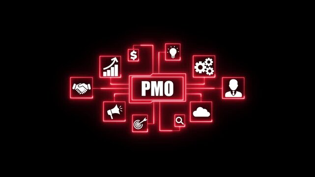 Project management office PMO concept with glowing icons for strategy finance teamwork. Business, Technology, Internet and network concept.