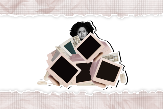 Composite photo collage of dissatisfied american girl sit pc pile screen keyboard mouse hostage technology isolated on painted background