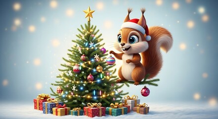 Adorable squirrel in Santa hat decorating a festive Christmas tree with presents underneath and bokeh lights in the background, a charming holiday scene
