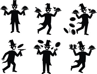 Chef silhouette illustration, restaurant kitchen art, humorous cooking scene, food service design, black and white artwork, dynamic chef poses, culinary artwork