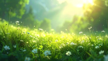 A sun-drenched meadow, with a field of wildflowers swaying gently. The bright light peeks through the greenery