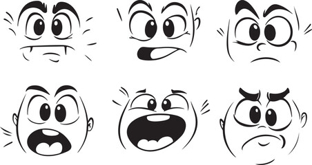 Cartoon vector set of black and white icons featuring funny animal faces, monster heads, and smiling baby bird characters with various expressions