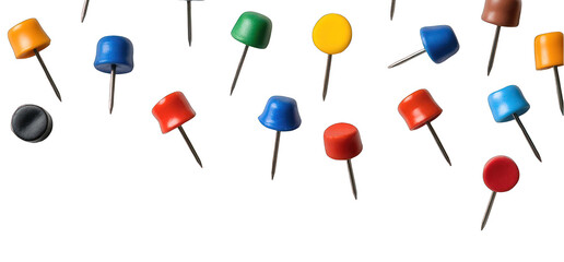 Colorful push pins on transparent background bulletin board fasteners memo board tack supplies office stationary