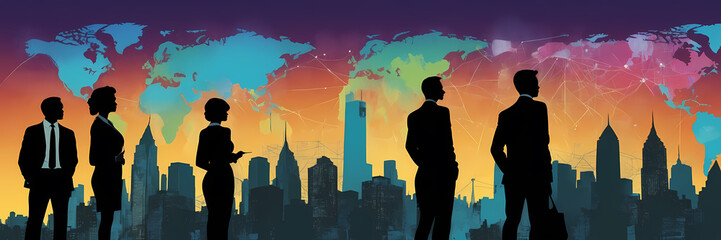 Silhouettes of diverse business professionals stand in rows with a modern city skyline in the background, representing corporate success and urban ambition