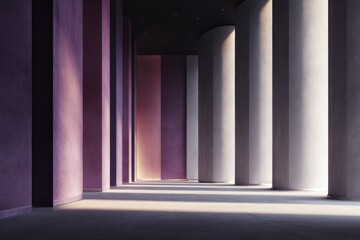 A sunlit, empty corridor with striking purple and white pillars creates a sense of depth and mystery.