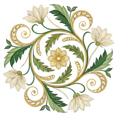 A circular floral design with green leaves and yellow flowers on a white background.