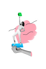 Vertical poster collage young cheerful woman celebrate success computer keyboard buttons 3d hand arm hold drawing background