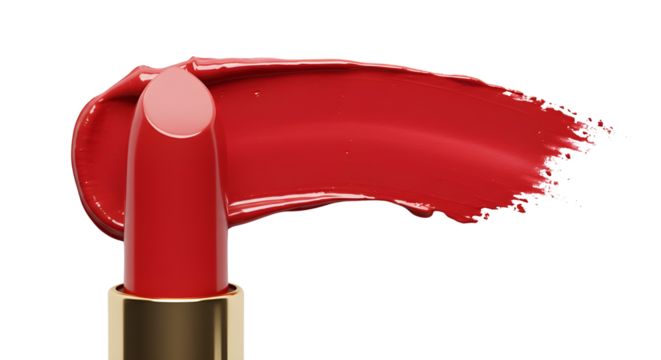 Vibrant red lipstick cosmetic product with matching bold color swatch for beauty advertising isolated PNG with Transparent Background