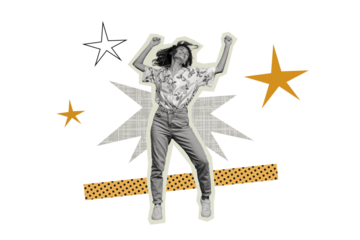 Composite photo collage of happy american girl dance pop star party relax movement enjoy atmosphere isolated on painted background