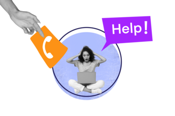 Creative collage young girl shocked laptop remote job problem help customer support landline call telephone hand body fragment