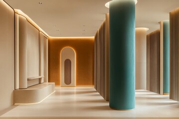A modern, minimalist hallway showcasing warm beige and earthy tones, accented by teal columns and archways, creating a sophisticated and serene ambiance.