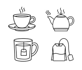 Four Icons of Tea: Cup, Saucer, Teapot, and Teabag in Black Outline
