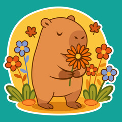 Adorable Capybara Holding a Flower in a Meadow