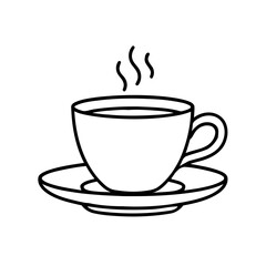 Line drawing of a cup of hot drink steaming on saucer with simple lines