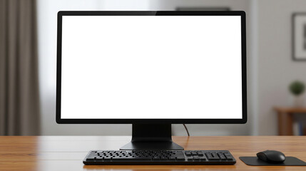 Fototapeta premium Modern desktop computer with a blank white screen on a wooden office desk for mockup