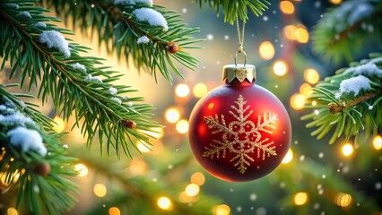 Fototapeta premium Photo of a single red christmas ornament with a snowflake design hangs from a snowdusted pine branch, with blurred warm lights in the background