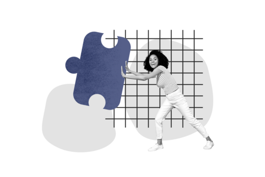 Composite photo collage of excited american girl push logic puzzle icon business plan development jigsaw isolated on painted background