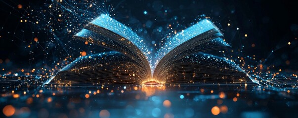 Open book emerging from laptop with digital particles and blue background