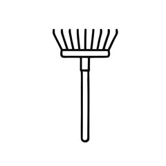 Minimalist illustration of a garden leaf rake with a long handle