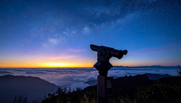 A telescope overlooks a layer of clouds during the sunrise with a starry night sky and silhouetted mountain range - Powered by Adobe