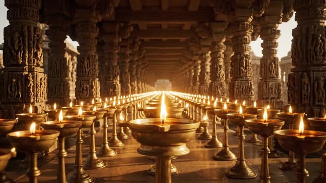 Traditional oil lamps illuminate an ornate ancient hall with countless carved pillars, creating a spiritual and sacred atmosphere of light.