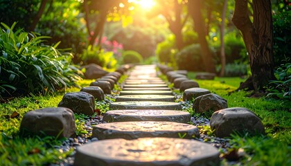 A sun-drenched stone path leads through a lush green garden, framed by trees and vibrant foliage. The warm light creates a serene ambiance