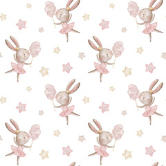 Cute watercolor bunny ballerina dances with cotton candy among pastel stars. Adorable rabbit in tutu and crown creates a dreamy fairytale scene. Perfect seamless pattern for baby nursery design.