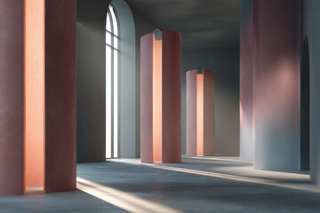 Obraz premium A sunlit interior space features tall, peach-toned columns and muted, pastel walls, creating a serene and minimalist atmosphere.