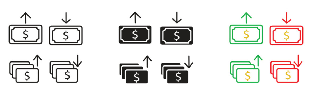 set of cost symbol dollar increase and decrease icon, money, dollar sign with arrow up and down rounded black red green black icons .profit and lose icons with arrow ,  vector illustration .