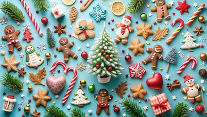 Photo of a delightful assortment of christmas gingerbread cookies, candy canes, and festive treats arranged on a bright blue background, celebrating the joy of the holiday season