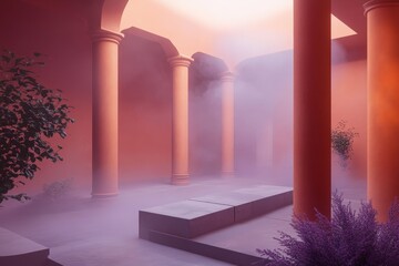 A serene, sun-dappled courtyard, bathed in a soft, dusty rose hue, with ancient-style columns and a light mist creating a dreamy atmosphere.