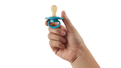 hand holding a teal pacifier. Isolated on transparent background, png