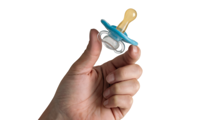 hand holding blue pacifier. Isolated on transparent background, png