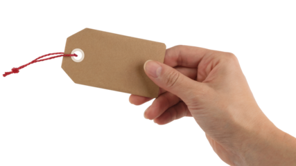 hand holding blank price tag with red string. Isolated on transparent background, png