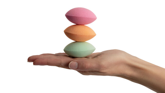 Hand holding three colorful bath bombs in balance. Isolated on transparent background, png - Powered by Adobe