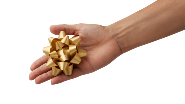 hand holding golden bow ribbon. Isolated on transparent background, png